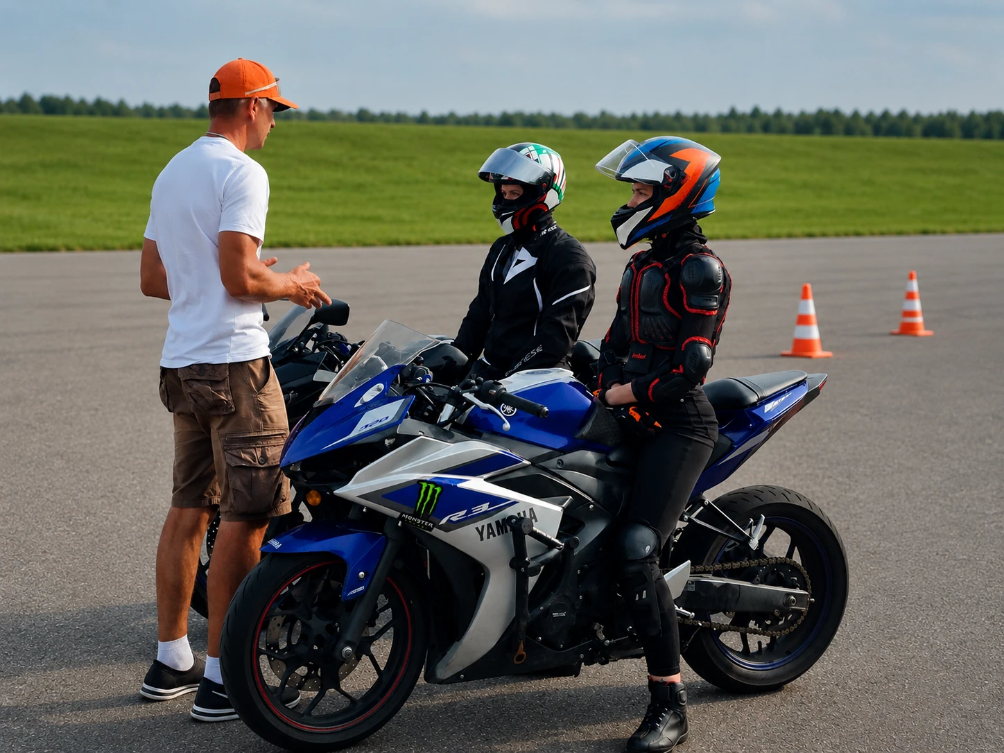 Инструктор разбирает задание с двумя ученицами в экипировке у Yamaha R3 на площадке с конусами